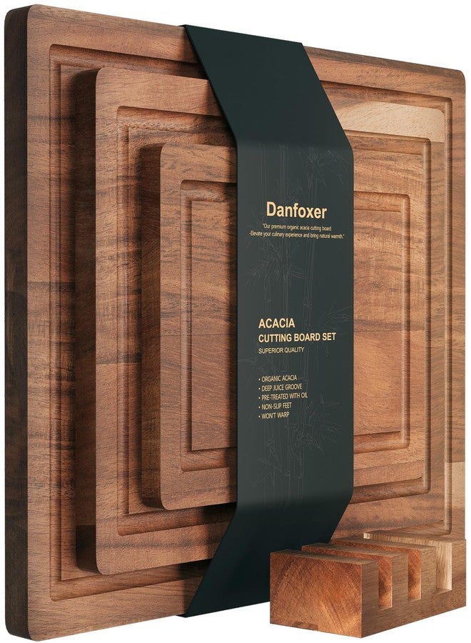 Danfoxer Set of 3 Acacia Wood Cutting Board Set,Wooden Chopping Boards with Juice Groove and Stand Holder for Kitchen,Butcher Block for Meat,Vegetables, Fruit - Image 1