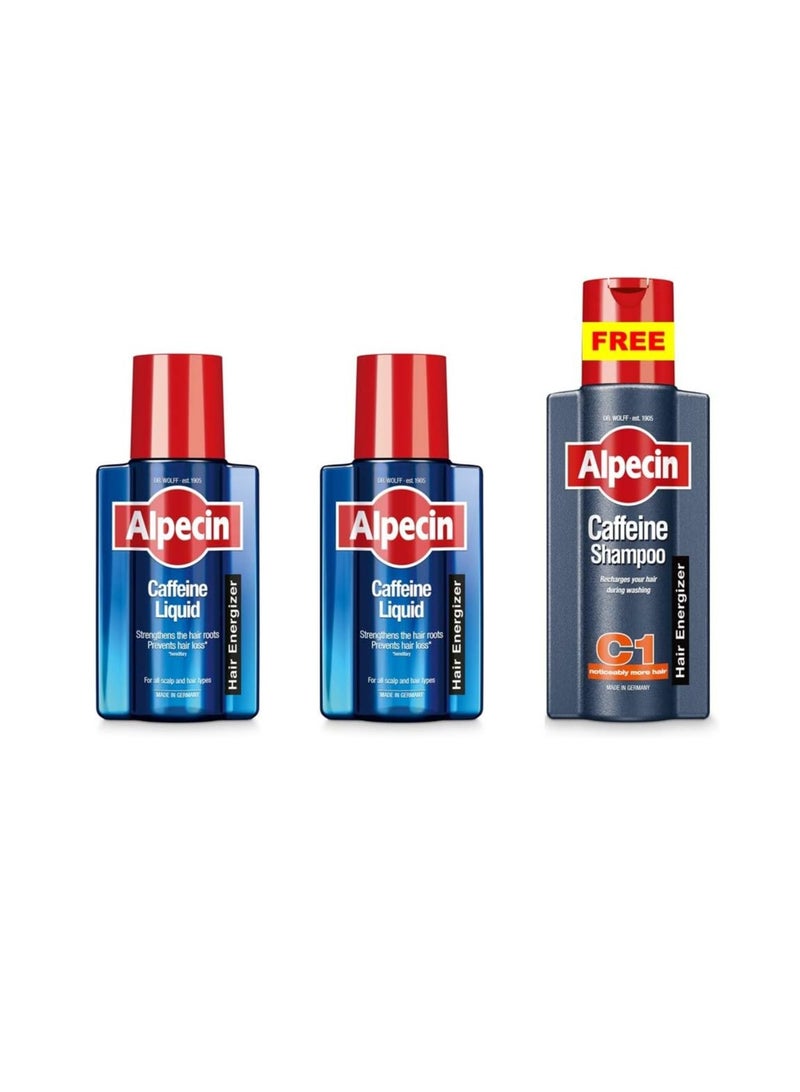 Alpecin Alpecin Caffeine Liquid Scalp Tonic 2 Packs + 1 Free C1 Shampoo Strengthen Hair Roots, Reduces Hair Loss And Energize Hair and Scalp | 2x200ml & 1x250ml (Pack 2+1 Free) - Image 1