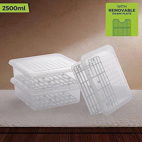 Homeor Plastic Multi-Purpose Food Storage Container With Removable Drain Plate And Lid,Stack-Able Freezer Storage Containers To Keep Fresh For Vegetables,Fruits,Fish,Meat,Transparent,2500 Ml Set Of 6 - Image 2