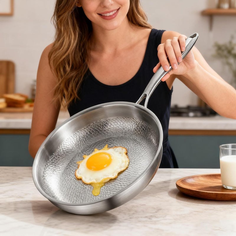 Non Stick Pan - No Coating Hammered Cookware | Stainless Steel Kitchen Pans,for Searing Steak Sauteing Stove Home Cooking Family Meals - Image 2