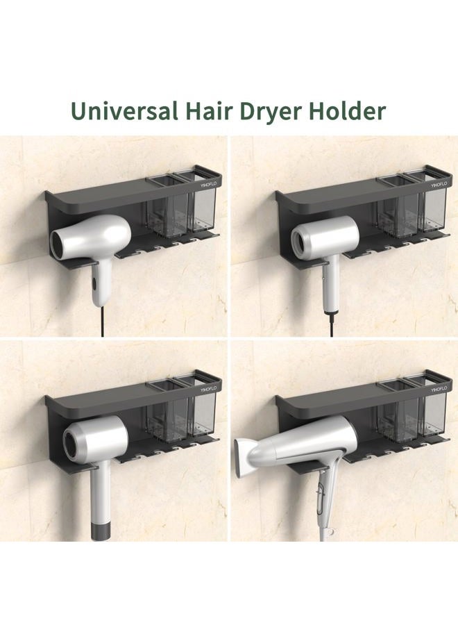 YIHOFLO Hair Dryer Holder, Multifunctional Storage Rack, Wall-Mounted, with 2 Storage Boxes, 4 Hooks, Compatible with Most Models of Hair dryers, Space Aluminum Material, Adhesive/Drilling, Grey - Image 2