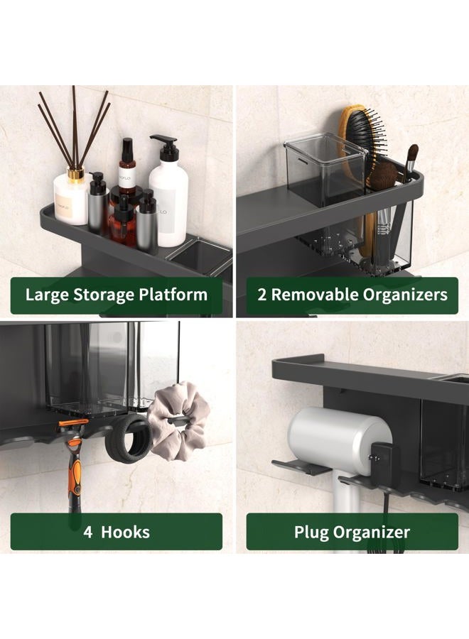 YIHOFLO Hair Dryer Holder, Multifunctional Storage Rack, Wall-Mounted, with 2 Storage Boxes, 4 Hooks, Compatible with Most Models of Hair dryers, Space Aluminum Material, Adhesive/Drilling, Grey - Image 3