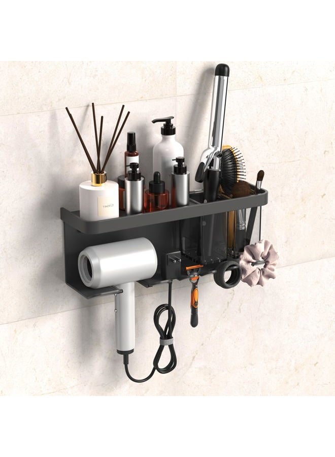 YIHOFLO Hair Dryer Holder, Multifunctional Storage Rack, Wall-Mounted, with 2 Storage Boxes, 4 Hooks, Compatible with Most Models of Hair dryers, Space Aluminum Material, Adhesive/Drilling, Grey - Image 1
