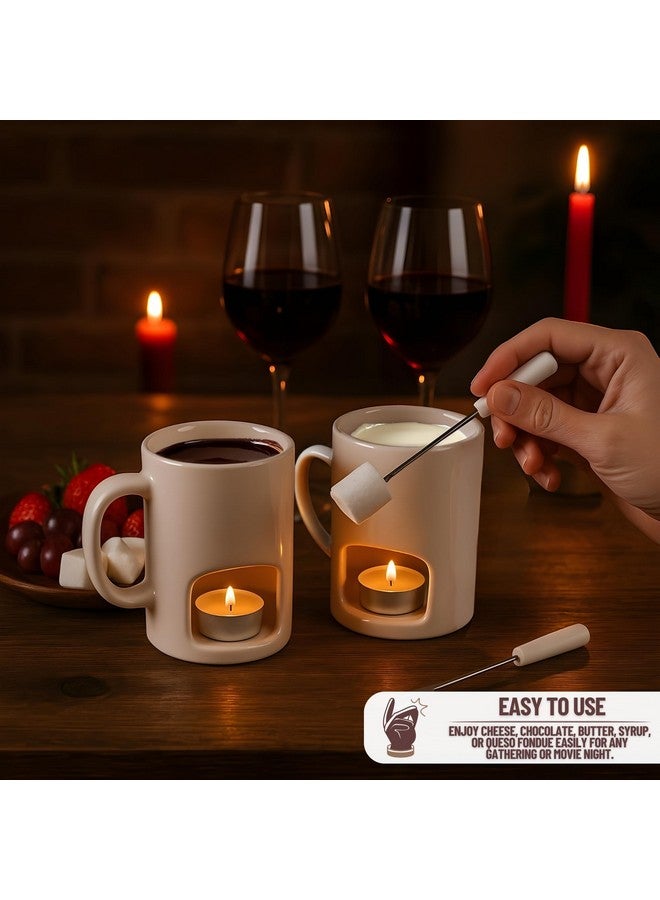 Evelots Evelots Fondue Pot Set for Chocolate, Cheese, Candy (2 Pack) Mini Ceramic Fondue Mugs Gift Set with 4 Forks & 8 Candles - Great for Date Night Birthday & Wedding Gifts  - Image 4