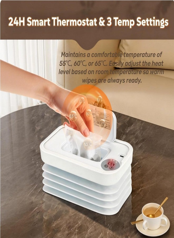 Wet Wipes Warmer, Wipe Warmer Cordless with 3 Adjustable Temperature, Foldable Portable USB Wipe Heater and Dispenser, Digital Display Space Saving Wipe Warmer with Lid for Home Outdoor Travel (White) - Image 3