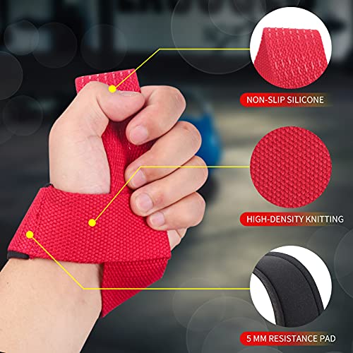 SKDK Cotton Hard Pull Wrist Lifting Straps Grips Band-Deadlift Straps with Neoprene Cushioned Wrist Padded and Anti-Skid Silicone - for Weightlifting, Bodybuilding, Xfit, Strength Training (Red) - Image 2