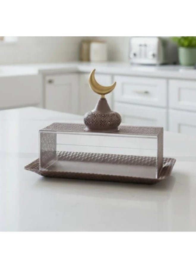 أي كي دي سي صينية تقديم مستطيلة معدنية من AKDC بغطاء أكريليك 24×16×20 سم - تصميم بني مدمج مثالي للاستخدام في رمضان - Image 1