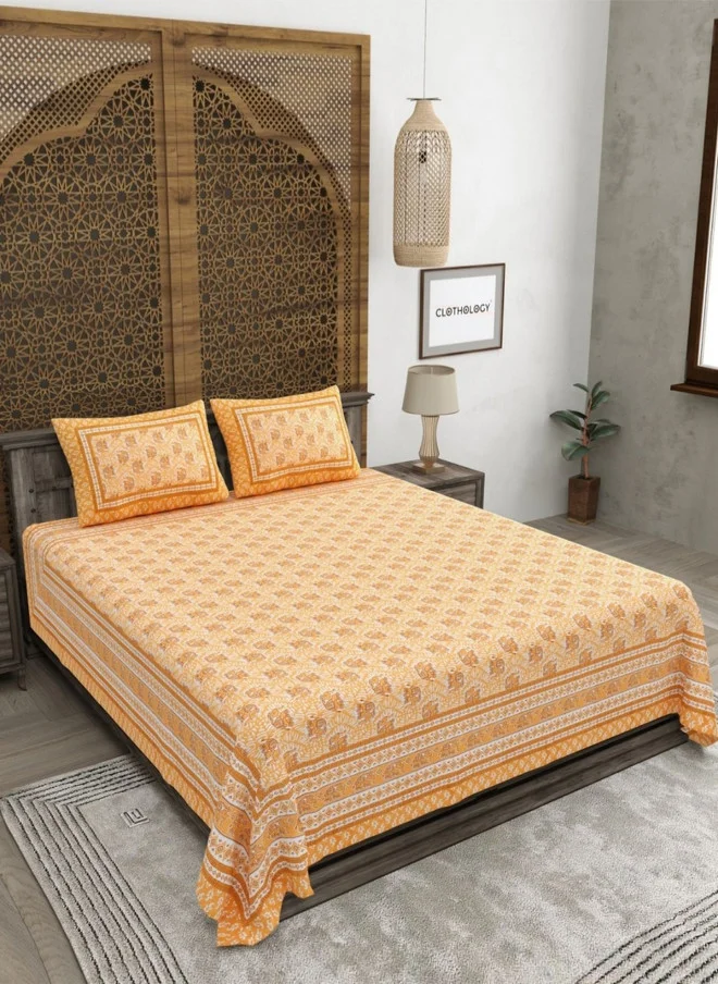 CLOTHOLOGY CLOTHOLOGY Yellow & White Printed Pure Cotton 180 TC King Bedsheet Set with 2 Pillow Covers