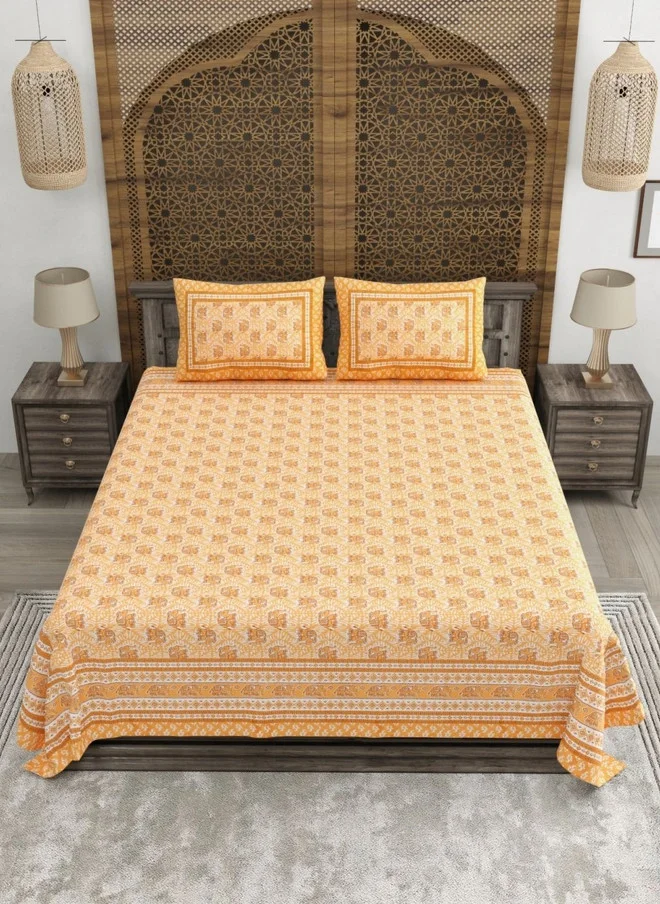 CLOTHOLOGY CLOTHOLOGY Yellow & White Printed Pure Cotton 180 TC King Bedsheet Set with 2 Pillow Covers