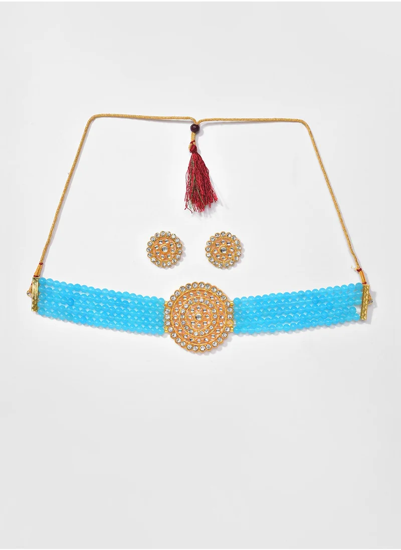 سوهي Turquoise Blue Stone Studded & Beaded Jewellery Set