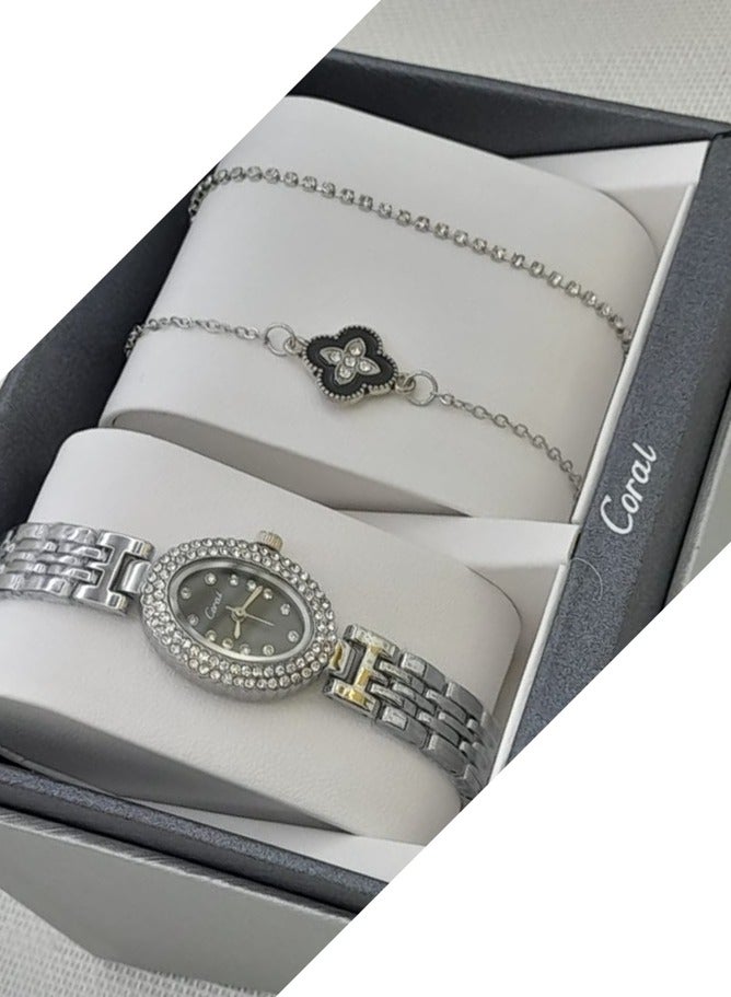 كورال طقم ساعة نسائي ماركة كورال بتصميم انيق مكون من -ساعة - -مع مجموعة اساور