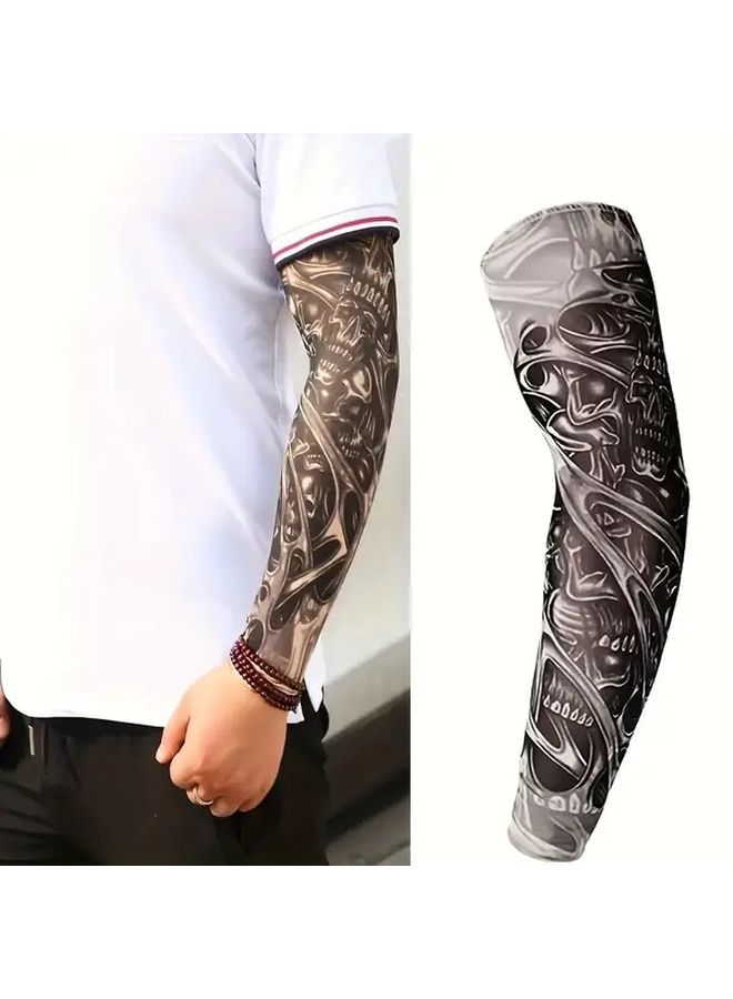 2Pcs Fashionable Skeleton Fake Tattoo Arm Covers Set For Men And Women - Image 1