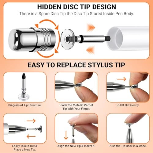 Tukzer Universal Stylus Pen for Smartphone/Tablet/iPad/Pro/Air/iPhone/iOS/Android/All Touch Screens Devices| Fine Point Disc Tip, Lightweight Aluminum Body Magnetic Cap Drawing Writing (White) - Image 2