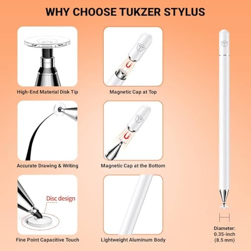 Tukzer Universal Stylus Pen for Smartphone/Tablet/iPad/Pro/Air/iPhone/iOS/Android/All Touch Screens Devices| Fine Point Disc Tip, Lightweight Aluminum Body Magnetic Cap Drawing Writing (White) - Image 4