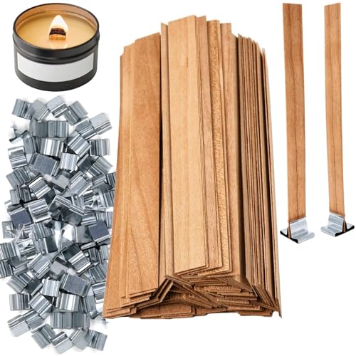 MadMedic Thick Candle Wood Wicks 075 x 512 inch Wooden Candle Wicks for Candle Making 100PCS Natural Candle Wick Smokeless Crackling Wood Wicks with Wick Clips Holders Metal Base