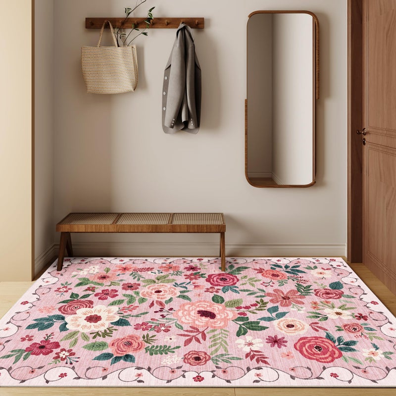 DUKINO 4x6 Area Rug, Floral Rugs for Living Room, Lightweight Non Slip Washable Rug, Indoor Low Pile & Non-Shedding Boho Design Rugs for Bedroom, Living Room, Dining Room, Pink - Image 2