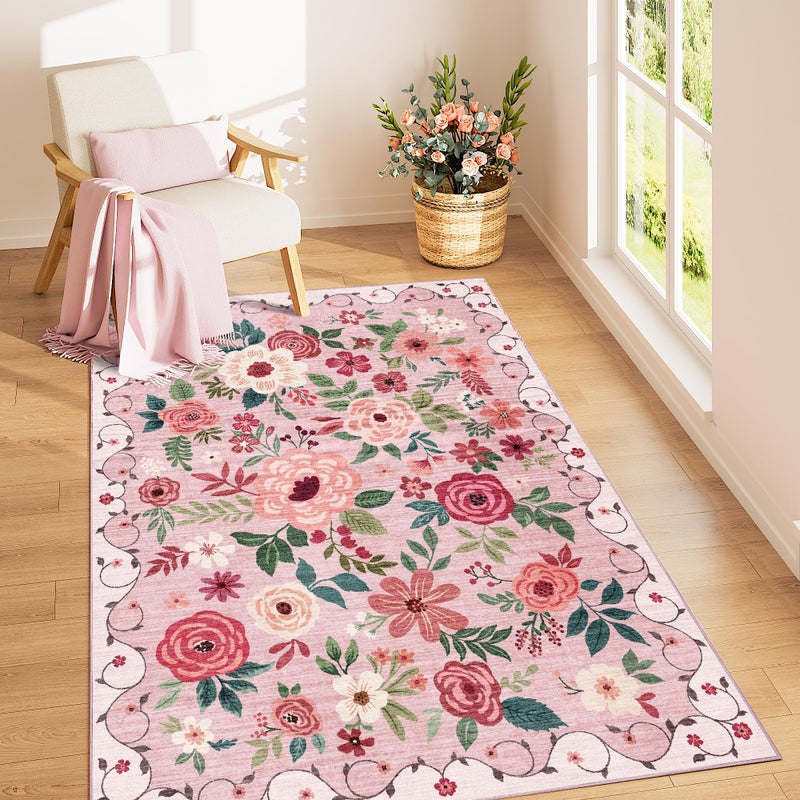 DUKINO 4x6 Area Rug, Floral Rugs for Living Room, Lightweight Non Slip Washable Rug, Indoor Low Pile & Non-Shedding Boho Design Rugs for Bedroom, Living Room, Dining Room, Pink - Image 1