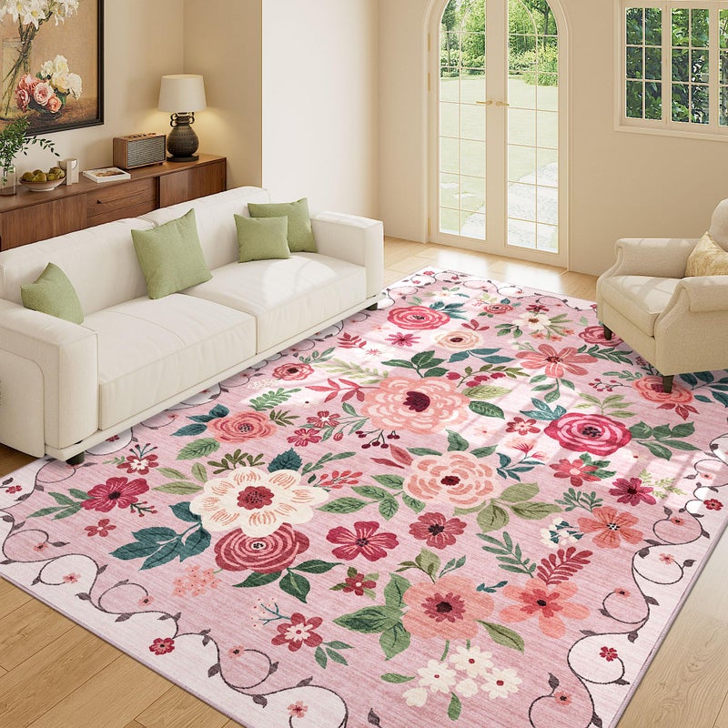 DUKINO 4x6 Area Rug, Floral Rugs for Living Room, Lightweight Non Slip Washable Rug, Indoor Low Pile & Non-Shedding Boho Design Rugs for Bedroom, Living Room, Dining Room, Pink - Image 4