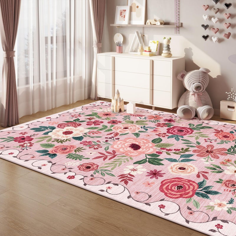 DUKINO 4x6 Area Rug, Floral Rugs for Living Room, Lightweight Non Slip Washable Rug, Indoor Low Pile & Non-Shedding Boho Design Rugs for Bedroom, Living Room, Dining Room, Pink - Image 3