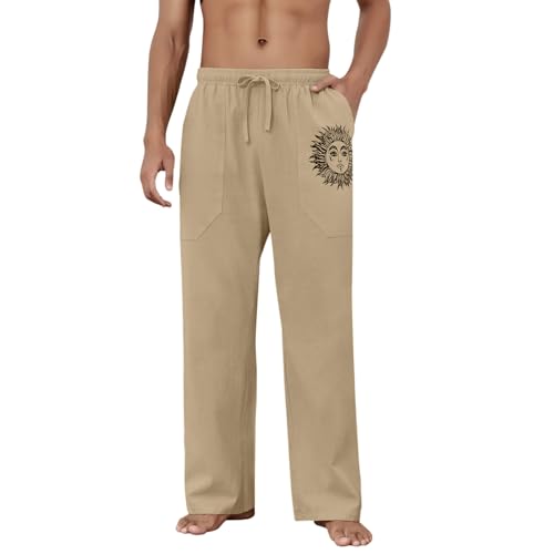 Puimentiua Cotton Linen Pants Men, Summer Beach Pants Loose Fit with Elastic Waist Drawstring Coffee - Image 2
