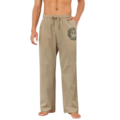 Puimentiua Cotton Linen Pants Men, Summer Beach Pants Loose Fit with Elastic Waist Drawstring Coffee - Image 4