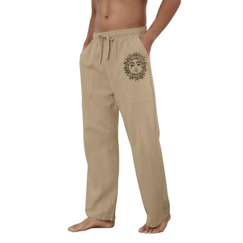 Puimentiua Cotton Linen Pants Men, Summer Beach Pants Loose Fit with Elastic Waist Drawstring Coffee - Image 3