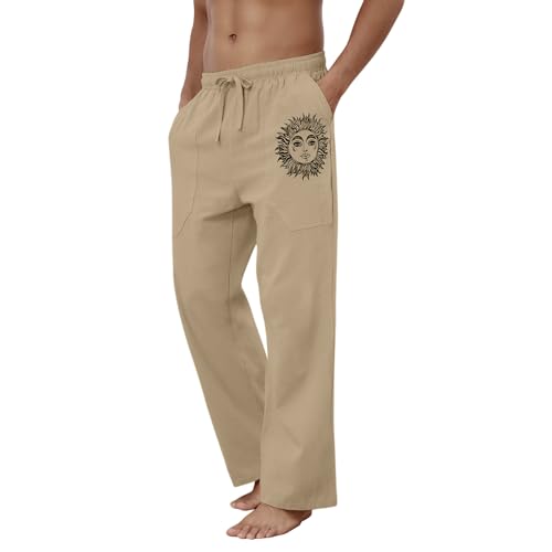 Puimentiua Cotton Linen Pants Men, Summer Beach Pants Loose Fit with Elastic Waist Drawstring Coffee - Image 5