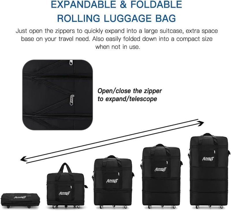 Royal Travel Moving 36"inch Trolley Luggage Foldable Bag with Wheels XX-Large 30kg/120L – Waterproof Zipper Extendable Duffel Organizer light weight Bag. (Black Plain) - Image 3