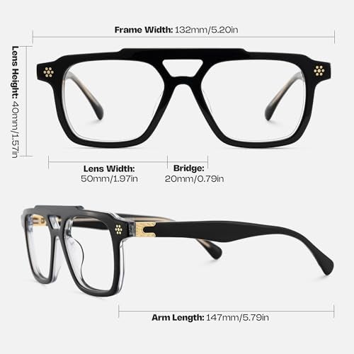 Zeelool Retro Aviator Glasses for Men Chic Acetate Eyeglasses with Clear Lens Mercurio ZJGA726161-02 Black - Image 5