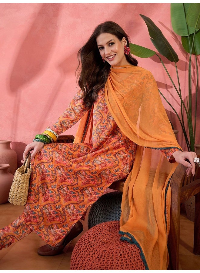 AKS Orange Digital Printed Kurta Chudidaar Set With Dupatta - Image 1