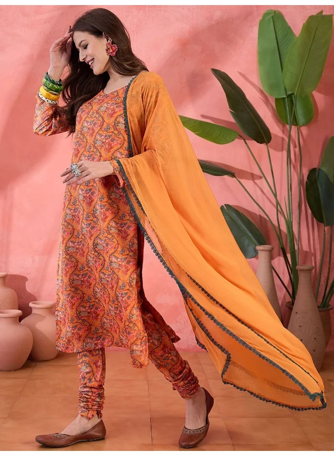 AKS Orange Digital Printed Kurta Chudidaar Set With Dupatta