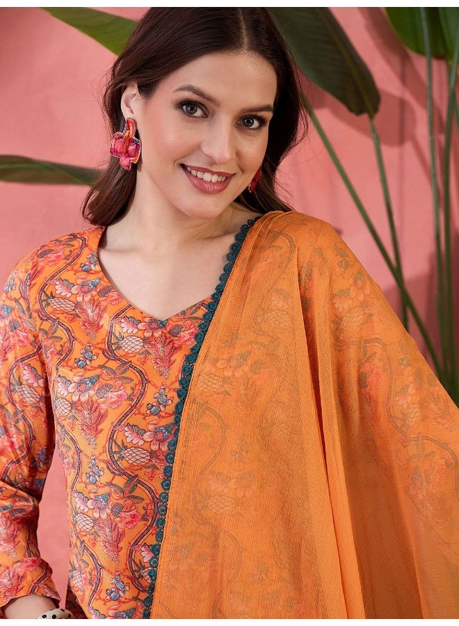 AKS Orange Digital Printed Kurta Chudidaar Set With Dupatta - Image 2