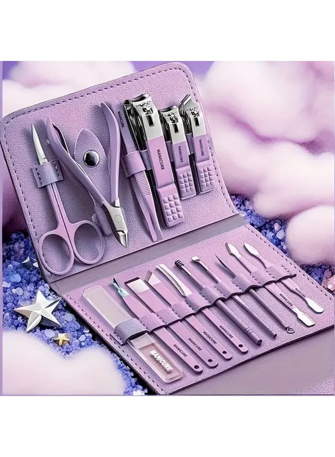 16 Pcs Purple Stainless Steel Manicure Pedicure Set With Nail Clippers Scissors Ear Pickers Travel Essentials - Image 2
