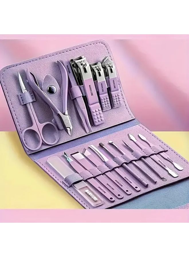 16 Pcs Purple Stainless Steel Manicure Pedicure Set With Nail Clippers Scissors Ear Pickers Travel Essentials - Image 3