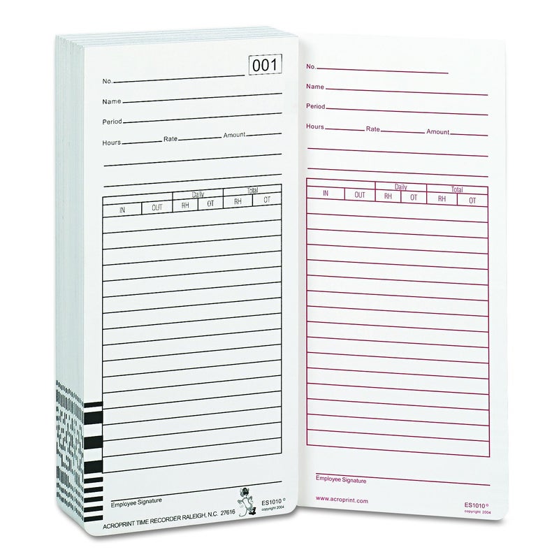 Acroprint 099111000 Totalizing Payroll Recorder Time Cards ES1010 Pack of 100 Cards Numbered Employee Signature Line