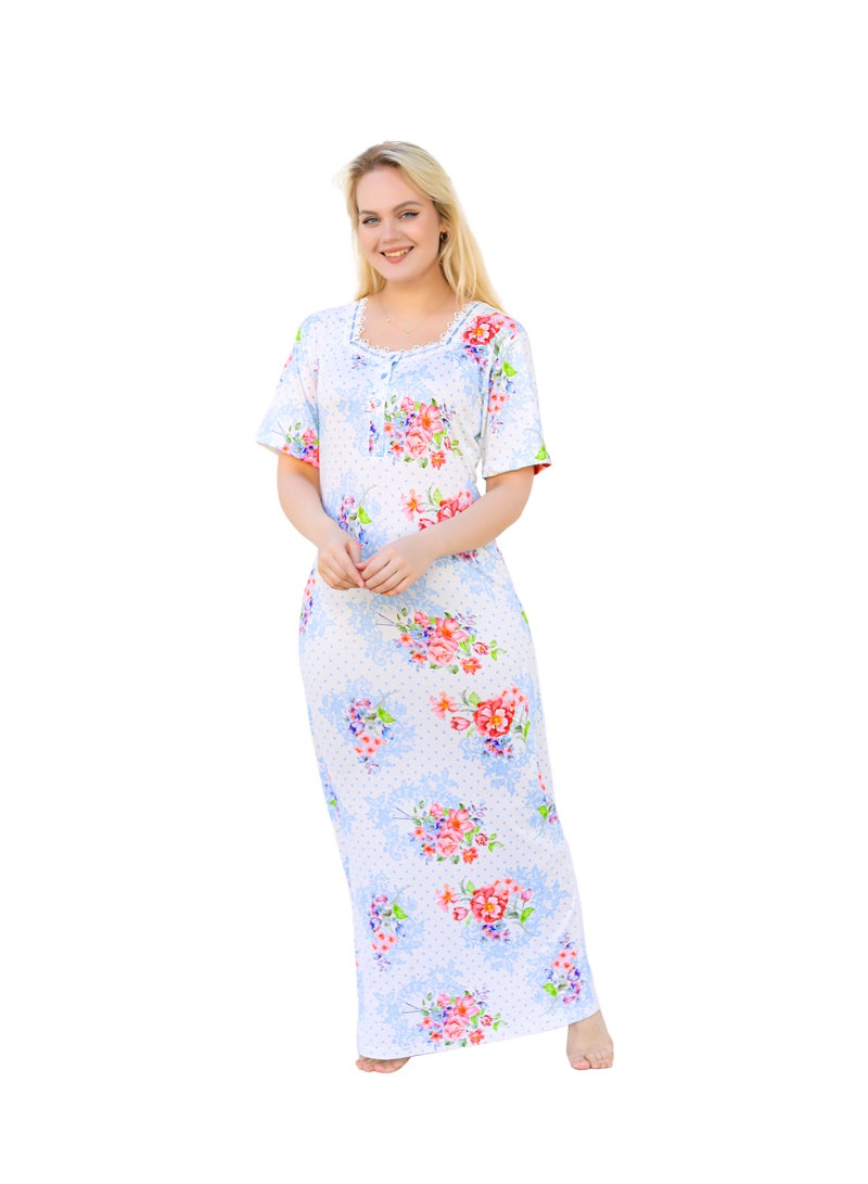 Dadoush Women Polyester Short Sleeves Colorful Floral Pattern Long Nightgown - Image 1