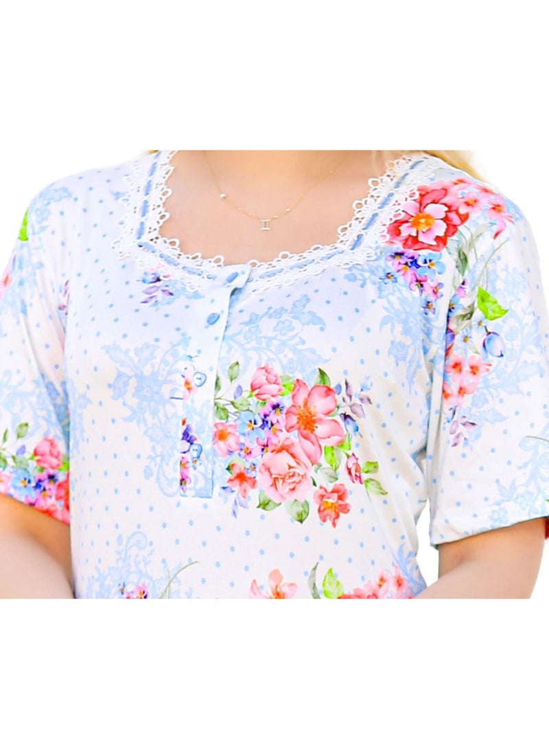 Dadoush Women Polyester Short Sleeves Colorful Floral Pattern Long Nightgown - Image 5