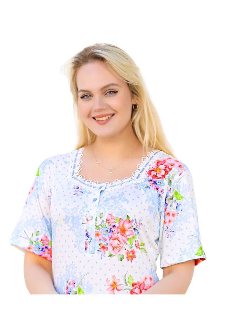 Dadoush Women Polyester Short Sleeves Colorful Floral Pattern Long Nightgown - Image 4