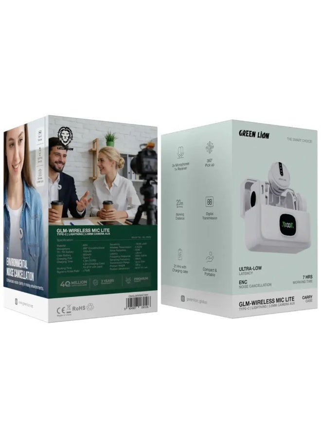 GREEN LION GLM Wireless Microphone Kit with Dual Microphones, USB Type-C, Lightning & 3.5mm Camera AUX, 20m Range, 2.4GHz Digital Transmission, Charging Case - White - Image 2