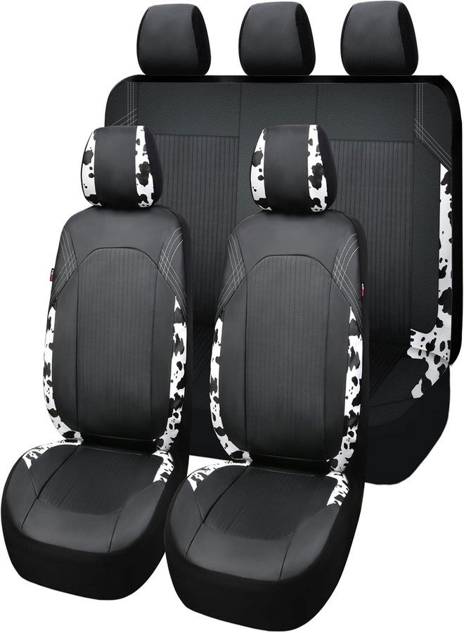 Flying Banner Synthetic Leather car seat Covers Full Set Front and Rear Bench Fashion Easy Installation Cup Holder Free (Black & Cow Print, Low Bucket -- Full Set) - Image 1
