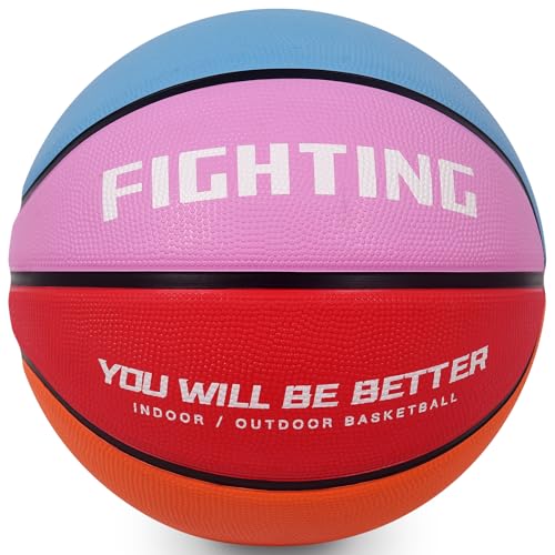 AXGUIQ Kids Youth Fighting Size 4 Colorful Basketball 25.5" Vibrant Rainbow Design Premium Thickened Rubber Wear Resistant Outdoor Basketball for Kids Youth Gifts Play Game (Deflated) - Image 2