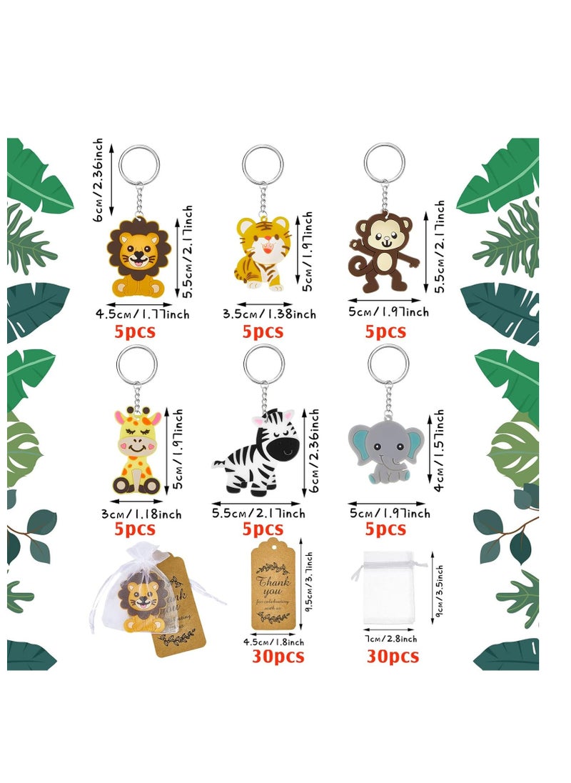 Taiyin 90 Pcs Cute Jungle Animal Keychains 30 Sets Zoo Animals Party Favors Safari Animal Keychains with Thank You Kraft Tags and White Organza Bags for Baby Shower Birthday Party Decorations  - Image 3