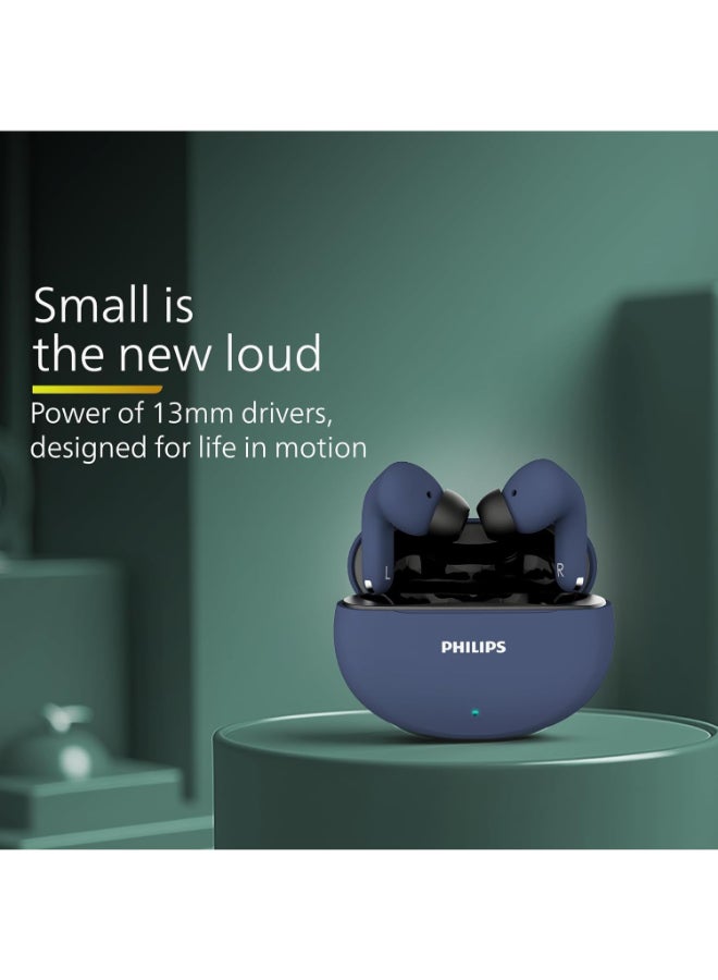 فيليبس Renewed - Philips TAT1269 Bluetooth Truly Wireless In-Ear Earbuds with Mic, 13mm Drivers, 40H Playtime, IPX5, Fast Charging, Touch Controls, Voice Assistant, Mono Mode (Cosmic Blue) Cosmic Blue - Image 2