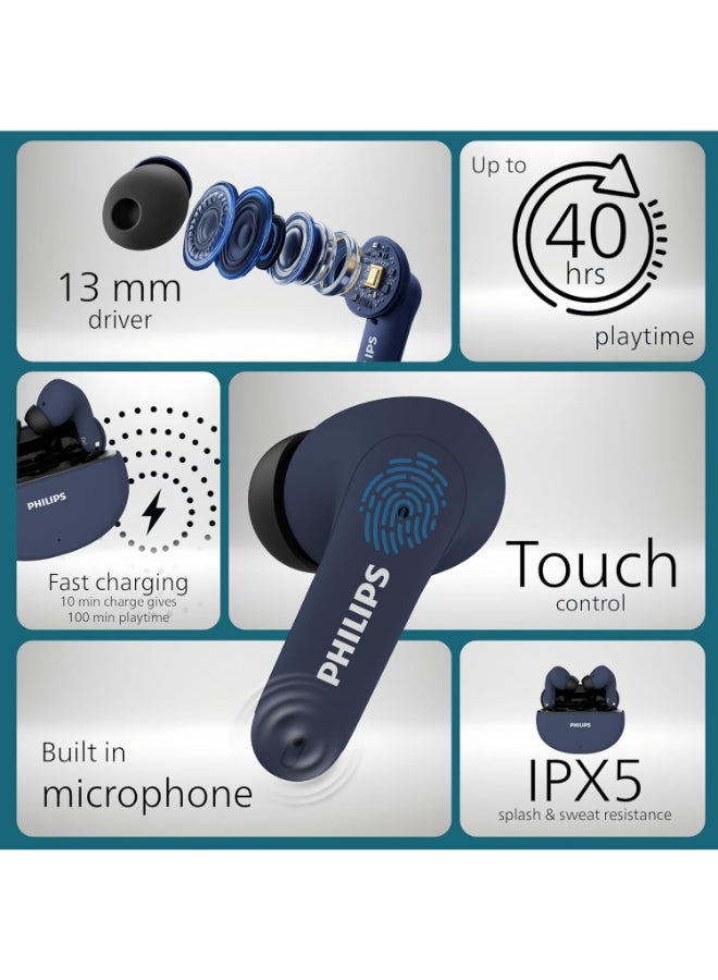 فيليبس Renewed - Philips TAT1269 Bluetooth Truly Wireless In-Ear Earbuds with Mic, 13mm Drivers, 40H Playtime, IPX5, Fast Charging, Touch Controls, Voice Assistant, Mono Mode (Cosmic Blue) Cosmic Blue - Image 3