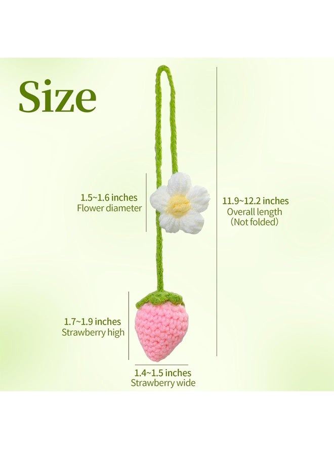 2 Pieces Crochet Strawberry and Flower Car Hanging Ornaments, Cute Aesthetic Rear view Mirror Hanging Accessories for Women and Girls, Handmade Polyester Fiber Car Decor - Image 4