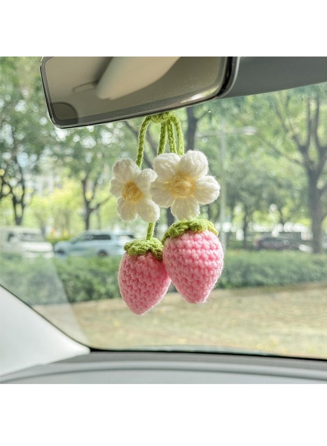 2 Pieces Crochet Strawberry and Flower Car Hanging Ornaments, Cute Aesthetic Rear view Mirror Hanging Accessories for Women and Girls, Handmade Polyester Fiber Car Decor - Image 2