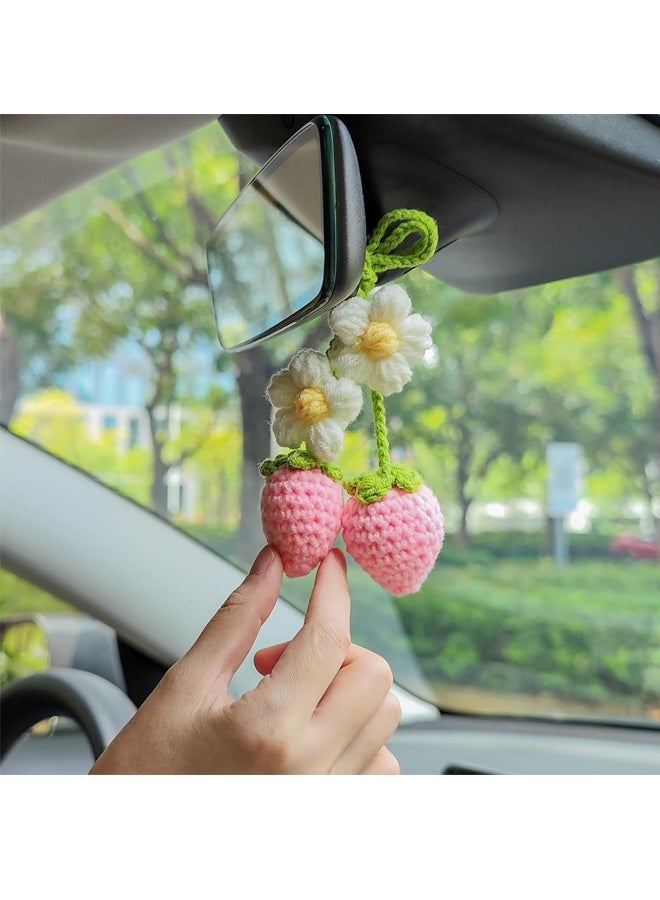 2 Pieces Crochet Strawberry and Flower Car Hanging Ornaments, Cute Aesthetic Rear view Mirror Hanging Accessories for Women and Girls, Handmade Polyester Fiber Car Decor - Image 3