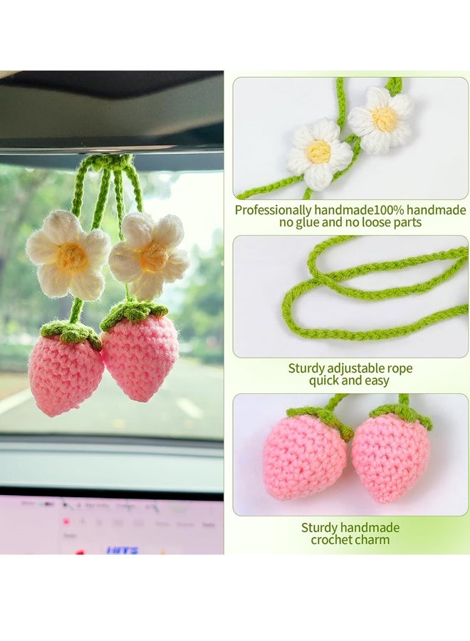 2 Pieces Crochet Strawberry and Flower Car Hanging Ornaments, Cute Aesthetic Rear view Mirror Hanging Accessories for Women and Girls, Handmade Polyester Fiber Car Decor - Image 5