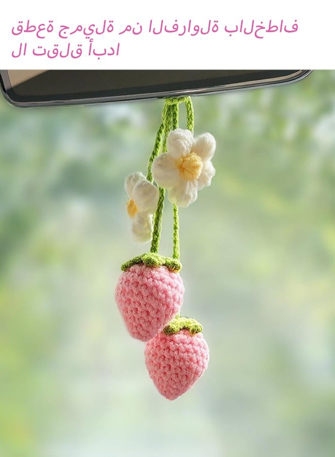 2 Pieces Crochet Strawberry and Flower Car Hanging Ornaments, Cute Aesthetic Rear view Mirror Hanging Accessories for Women and Girls, Handmade Polyester Fiber Car Decor - Image 1