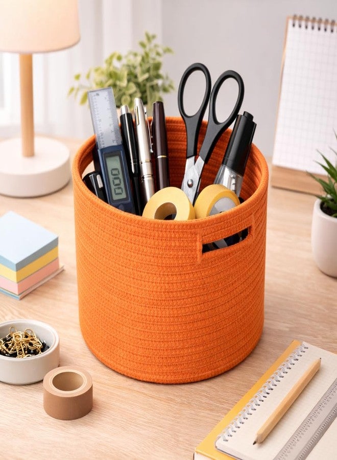Adhigams Cotton Rope Woven Storage Basket Organizer Bin Round Fabric Container for Toys Clothes Desk Shelf Nursery Bathroom Soft Durable Home Utility Small Size Pack of 1 Orange - Image 3